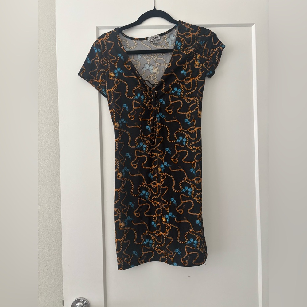 Justify Black Dress with Gold and Blue Chain Design